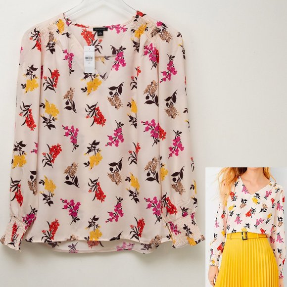 Ann Taylor Floral Blouse Smocked Mixed Media Blouse Multicolor Cream Size XS New - Picture 1 of 5